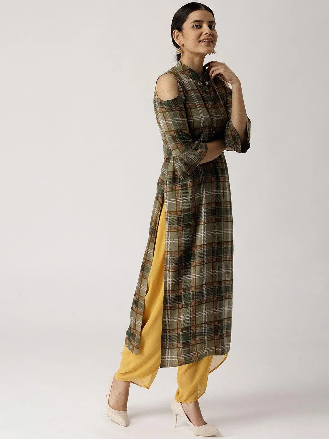 Multicoloured Checkered Rayon Kurta - Libas