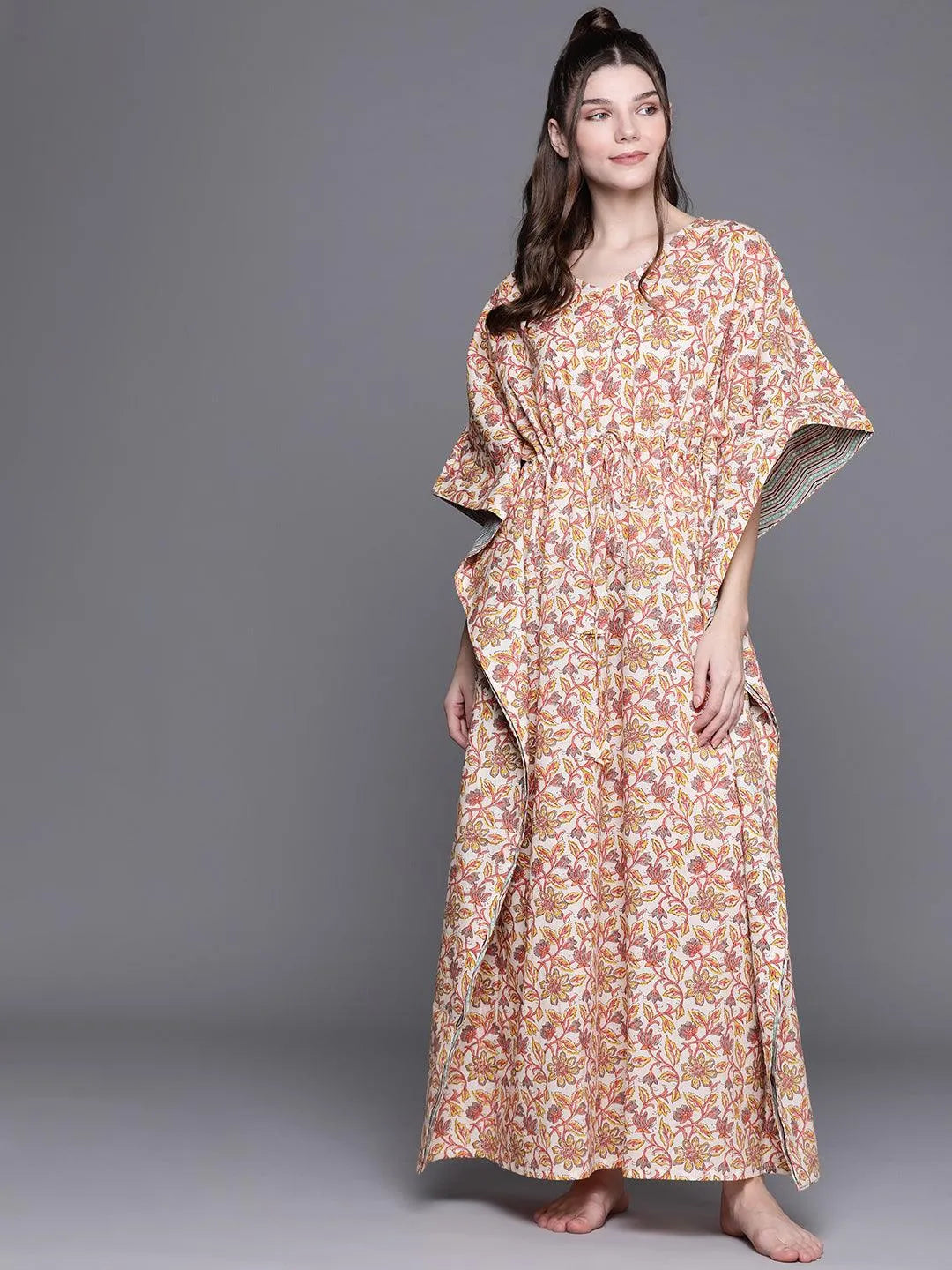 Multicoloured Cotton Printed Kaftan Nightdress - Libas 