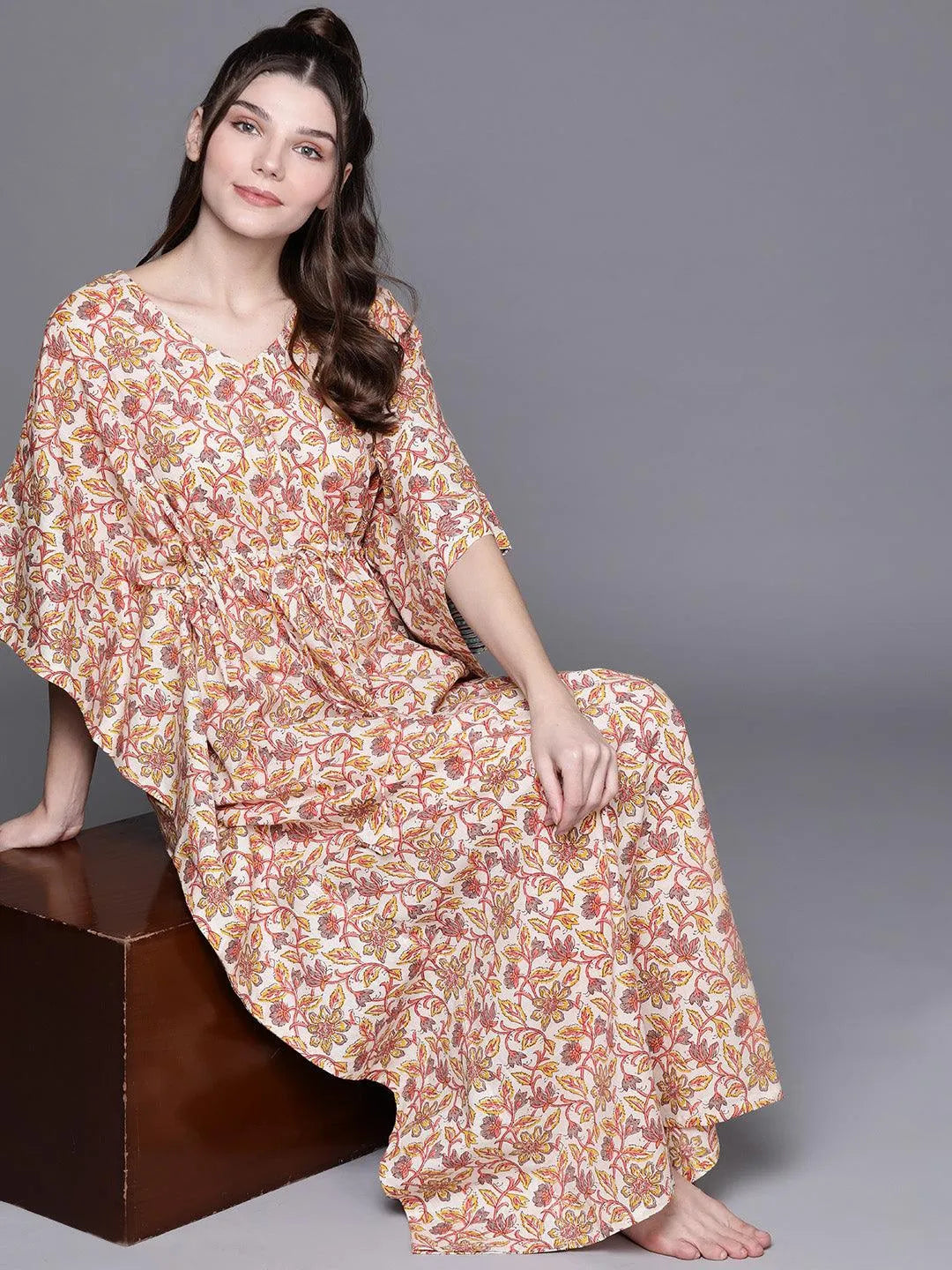 Multicoloured Cotton Printed Kaftan Nightdress - Libas 