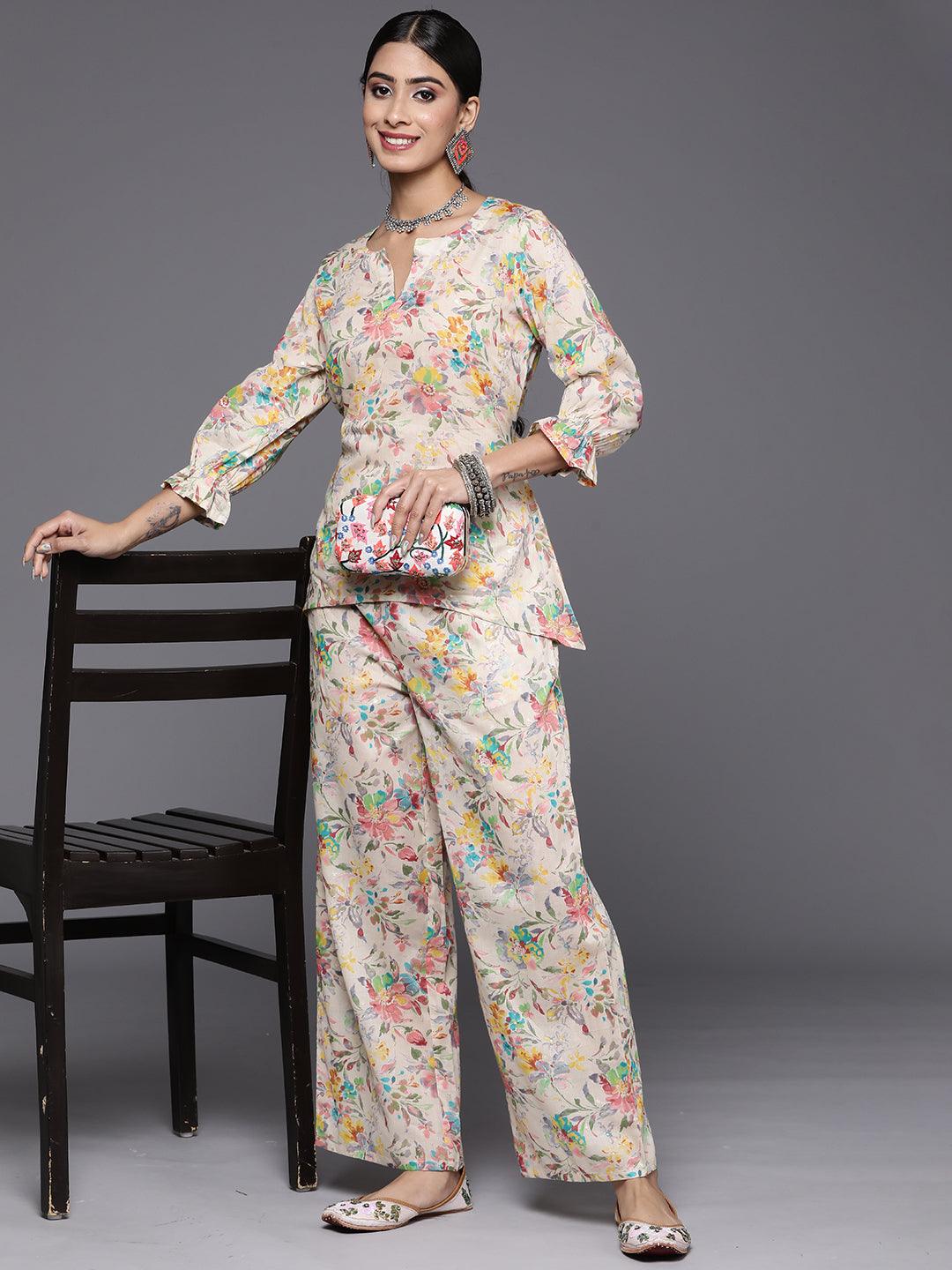 Multicoloured Printed Cotton A-Line Tunic With Palazzos