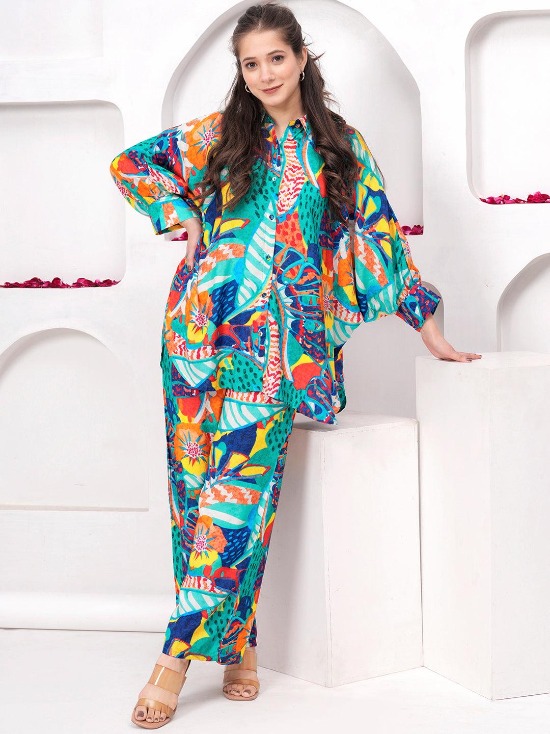 Multicoloured Printed Cotton Blend Shirt With Palazzos - Libas 