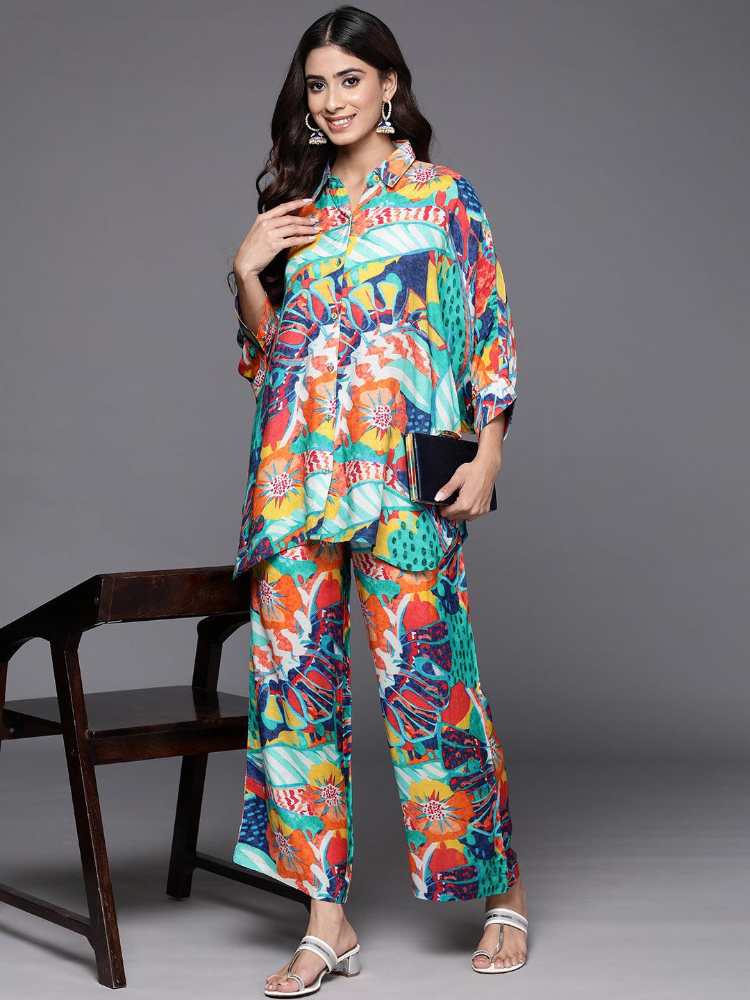 Multicoloured Printed Cotton Blend Shirt With Palazzos - Libas 