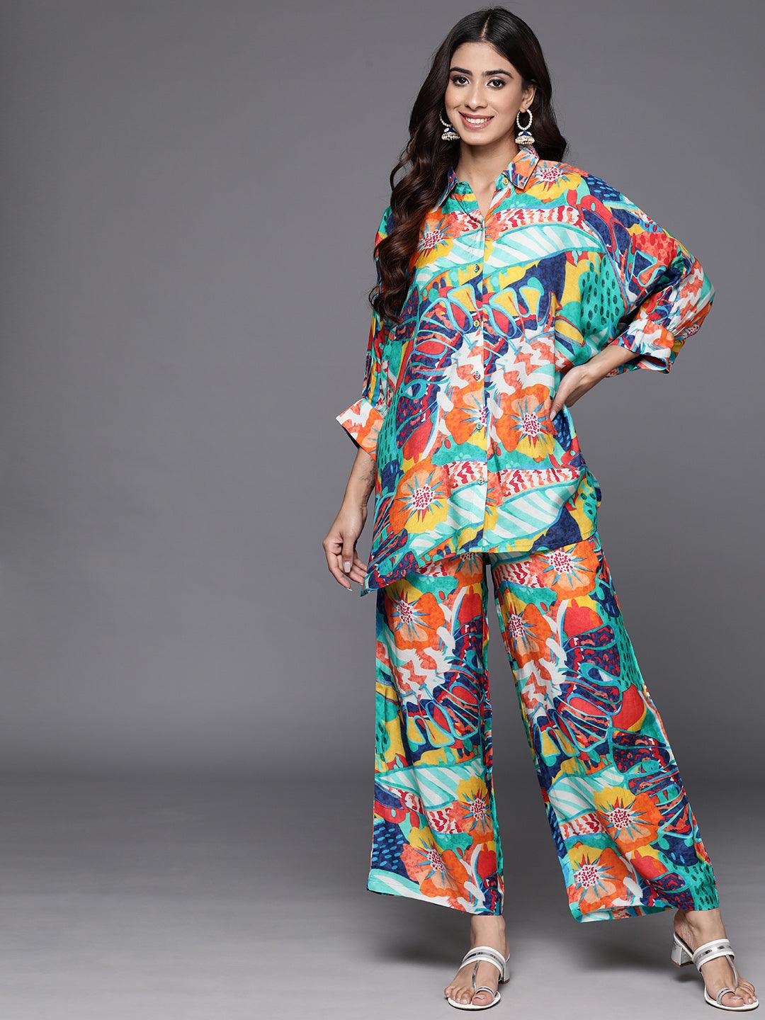 Multicoloured Printed Cotton Blend Shirt With Palazzos - Libas 