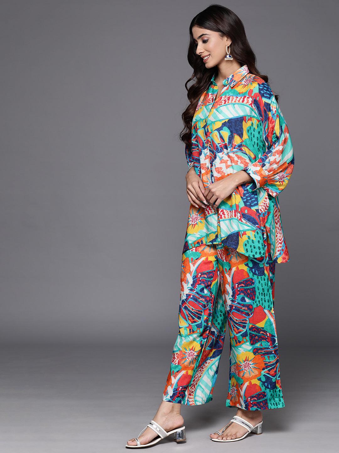 Multicoloured Printed Cotton Blend Shirt With Palazzos - Libas 