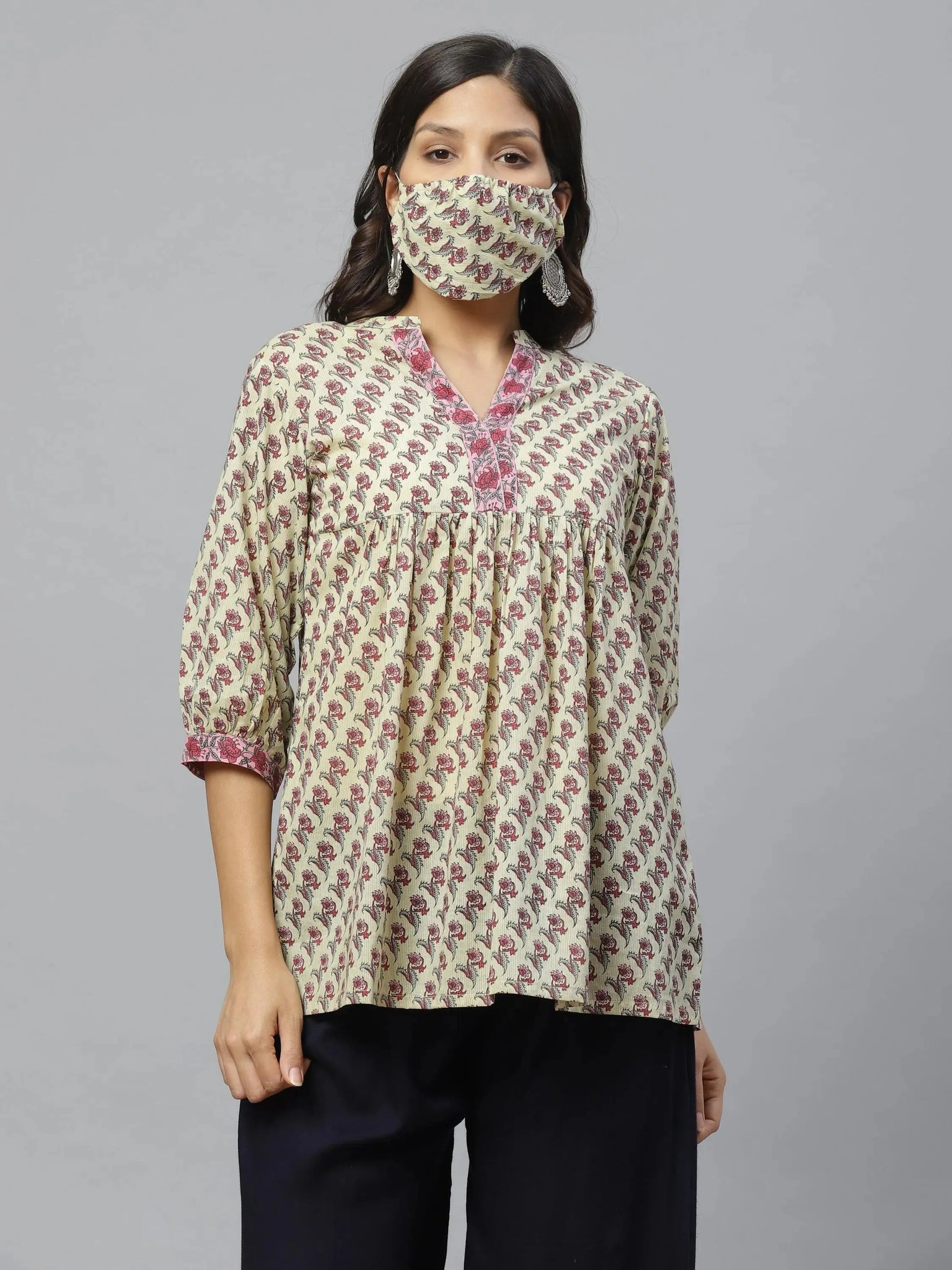 

Buy Multicoloured Printed Cotton Kurti With Mask - 9037- | Libas Ethnic Wear Online