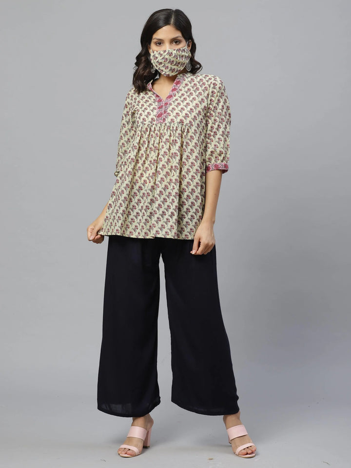 Multicoloured Printed Cotton Kurti With Mask - Libas