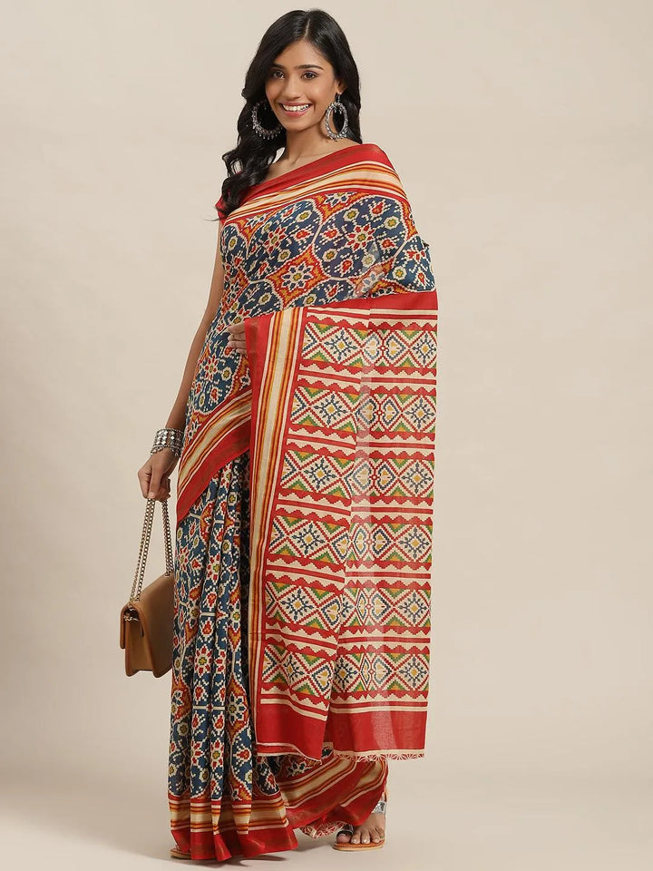 Multicoloured Printed Cotton Saree - Libas