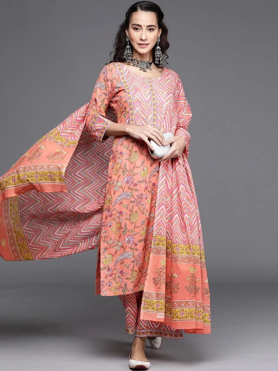 

Multicoloured Printed Cotton Straight Kurta With Palazzos & Dupatta