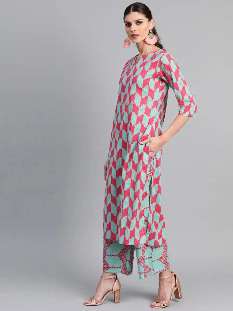 Multicoloured Printed Cotton Kurta Set - Libas