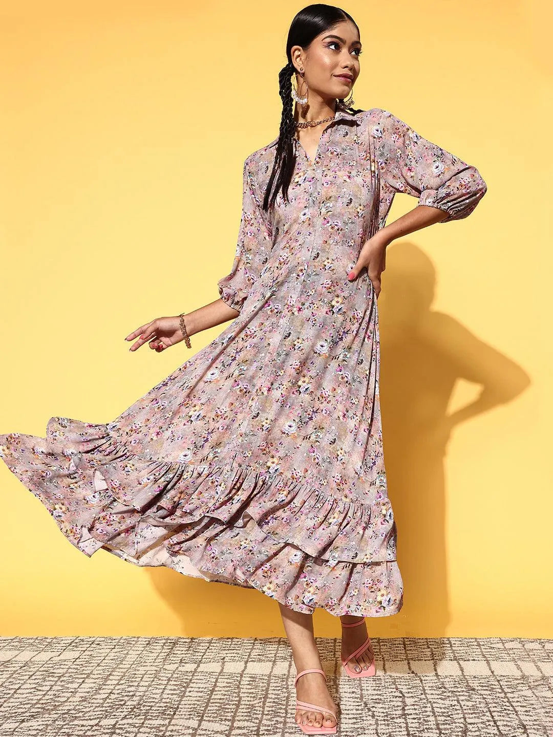 Multicoloured Printed Georgette A-Line Dress - Libas