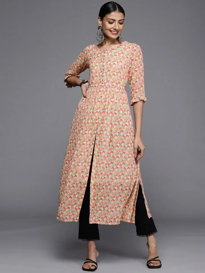 Multicoloured Printed Georgette A-Line Kurta - Libas