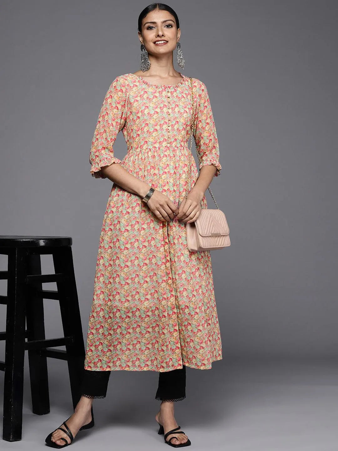 Multicoloured Printed Georgette A-Line Kurta - Libas