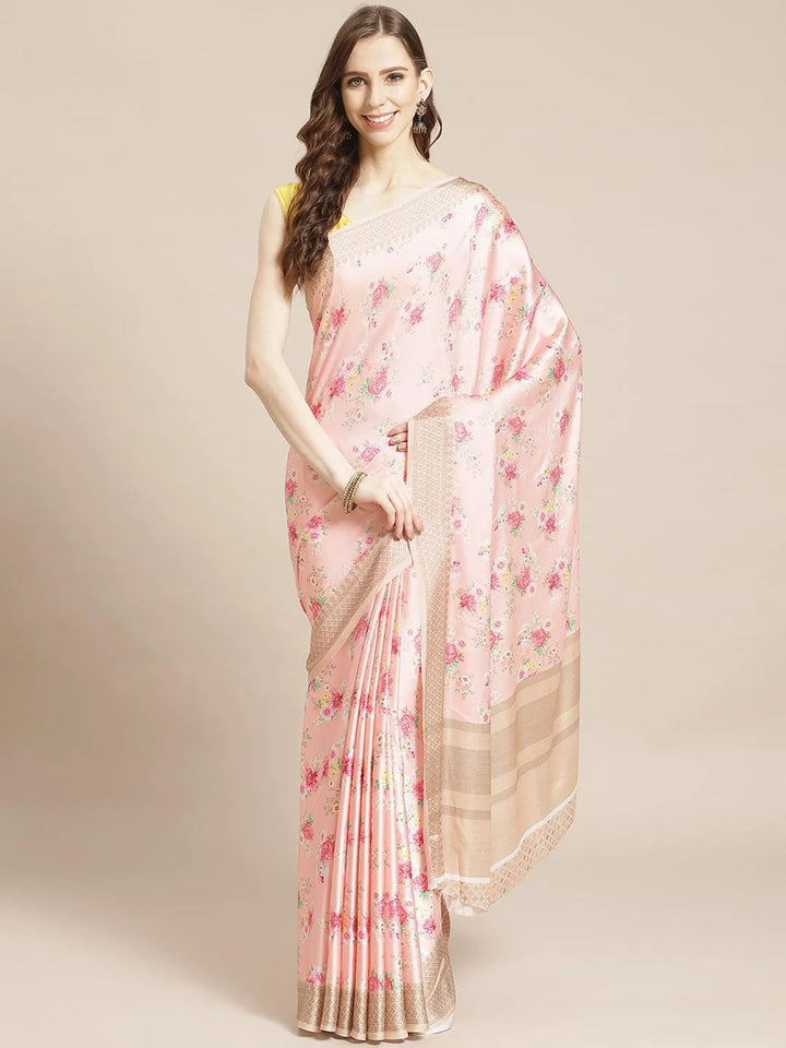 Multicoloured Printed Satin Saree - Libas