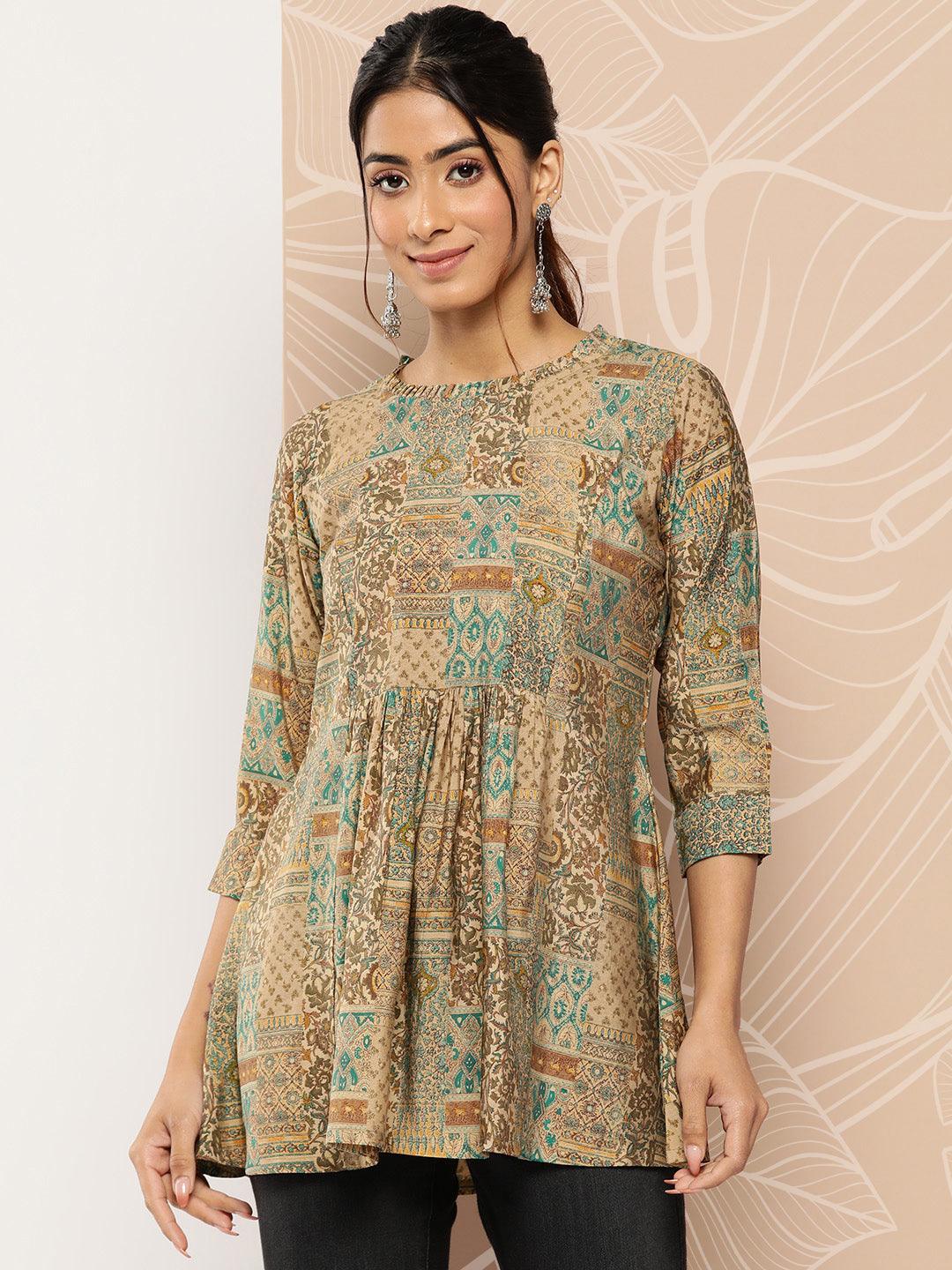 Multicoloured Printed Silk Blend A-Line Kurti - Libas