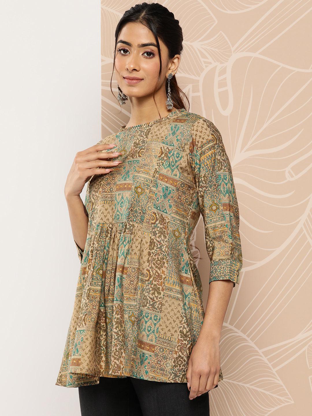 Multicoloured Printed Silk Blend A-Line Kurti - Libas 