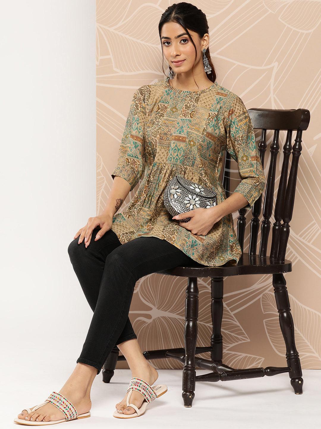 Multicoloured Printed Silk Blend A-Line Kurti - Libas 