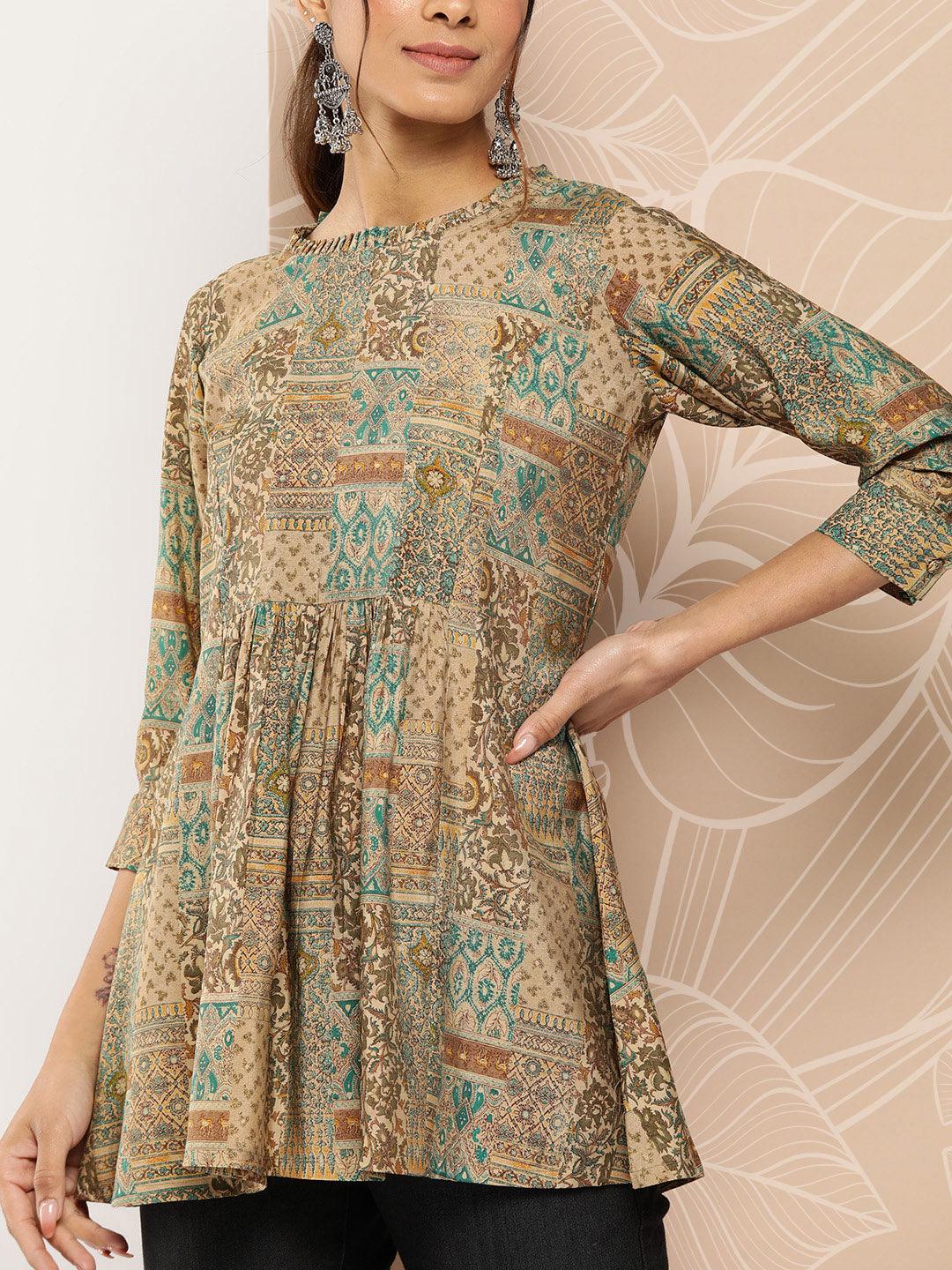 Multicoloured Printed Silk Blend A-Line Kurti - Libas