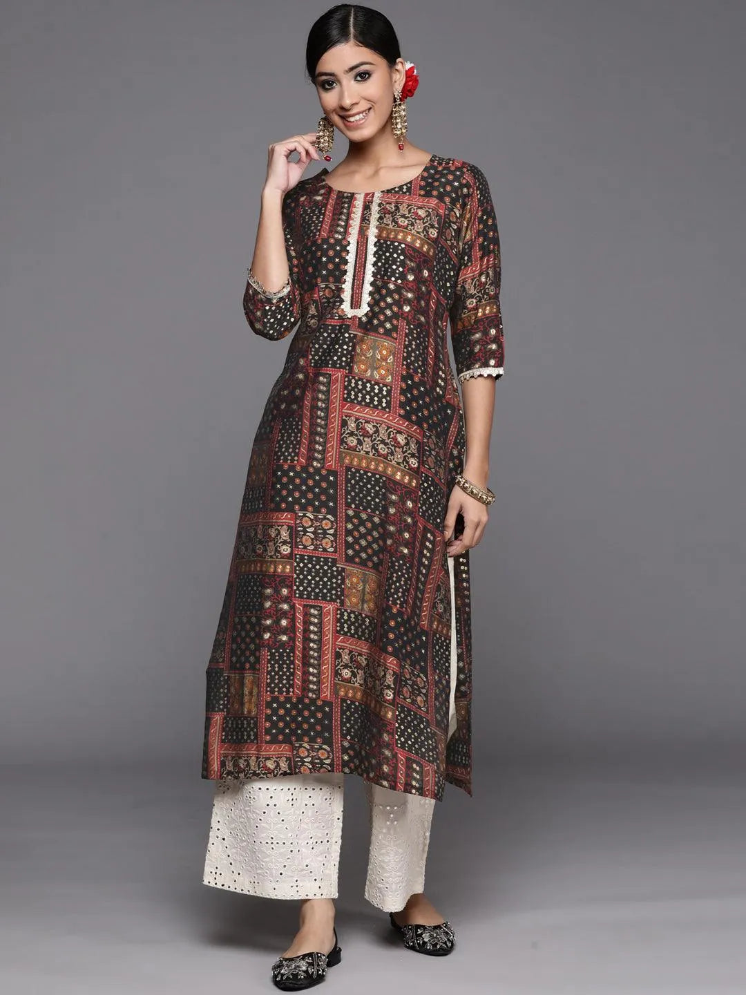 Multicoloured Printed Silk Straight Kurta - Libas