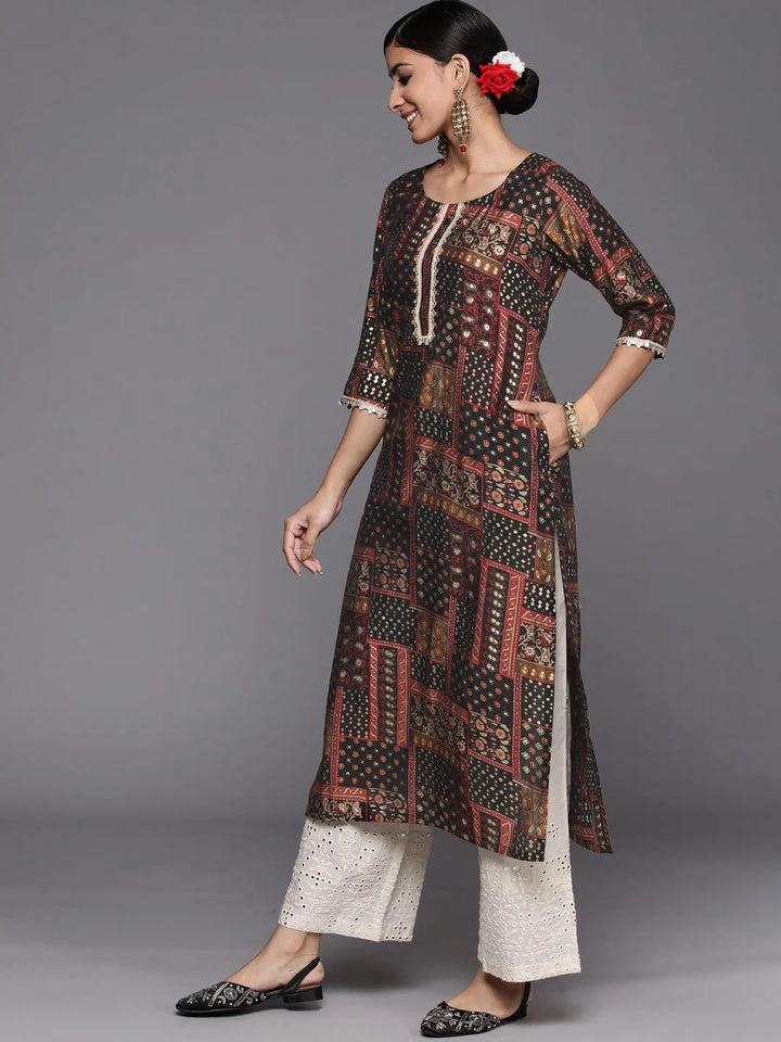 Multicoloured Printed Silk Straight Kurta - Libas