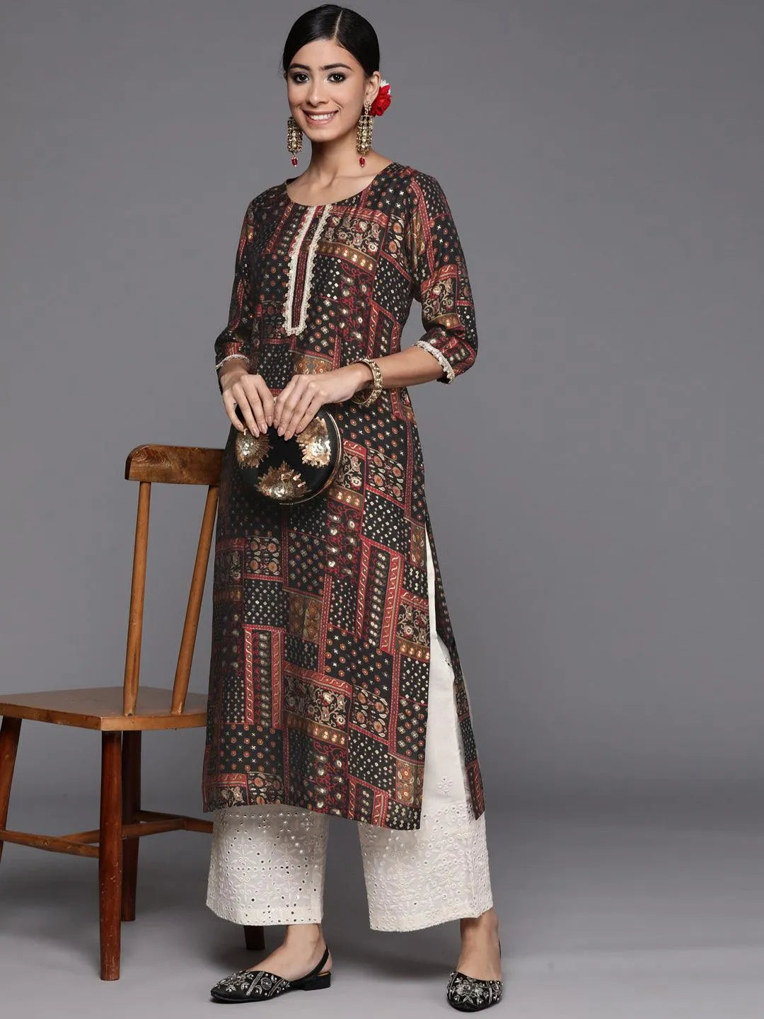 Multicoloured Printed Silk Straight Kurta - Libas