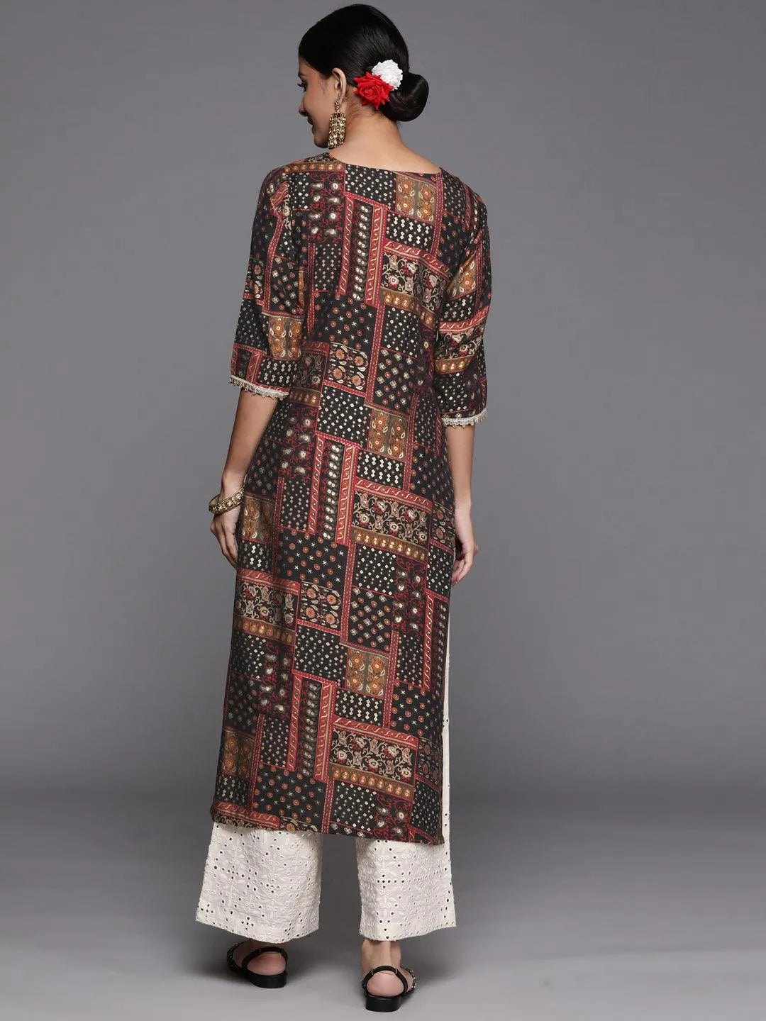 Multicoloured Printed Silk Straight Kurta - Libas