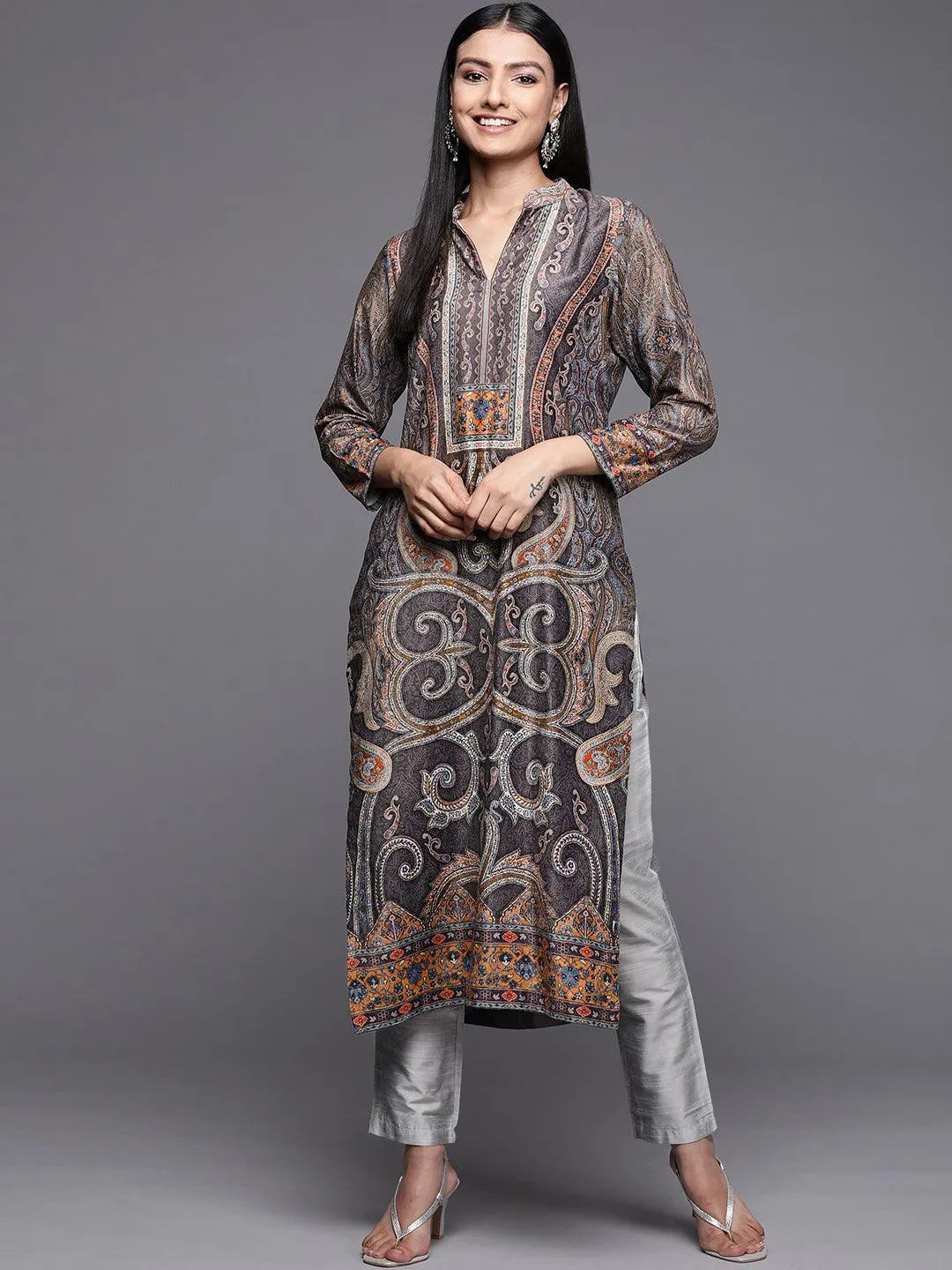 Multicoloured Printed Velvet Straight Kurta - Libas 