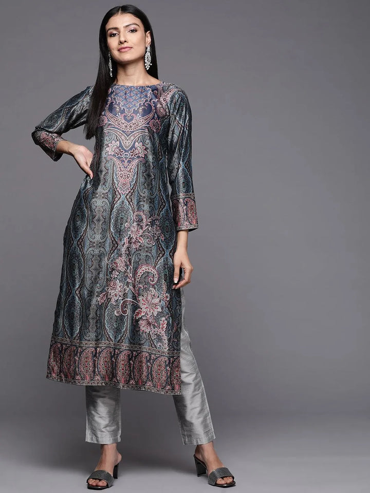 Multicoloured Printed Velvet Straight Kurta - Libas