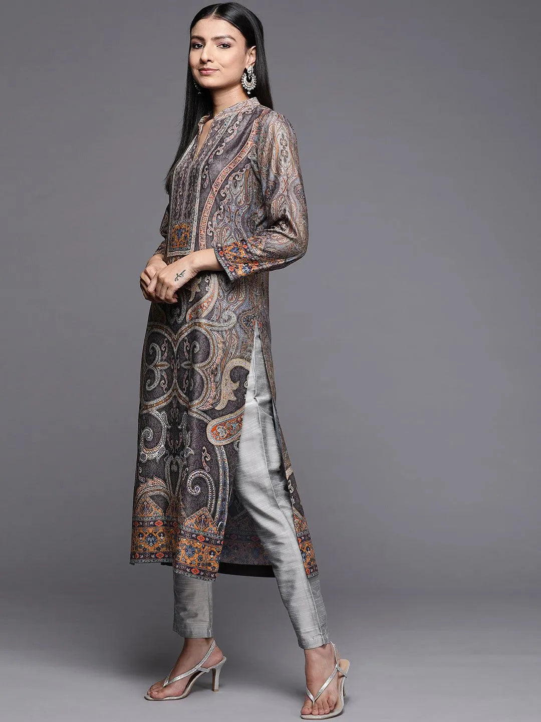 Multicoloured Printed Velvet Straight Kurta - Libas 