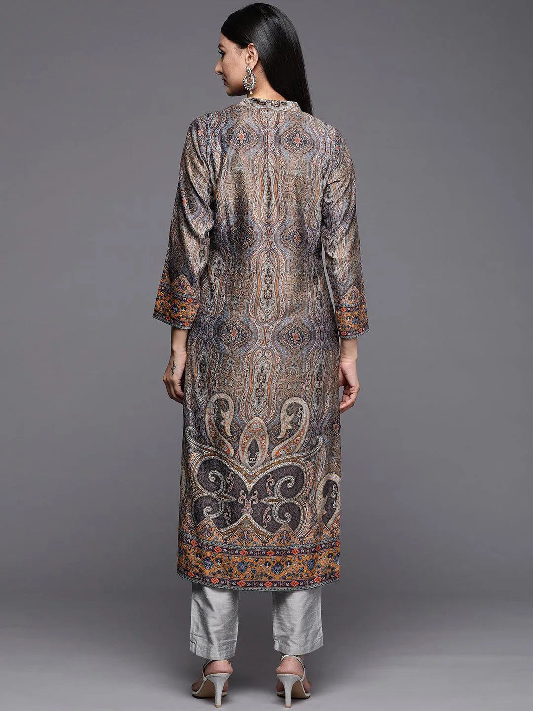 Multicoloured Printed Velvet Straight Kurta - Libas 