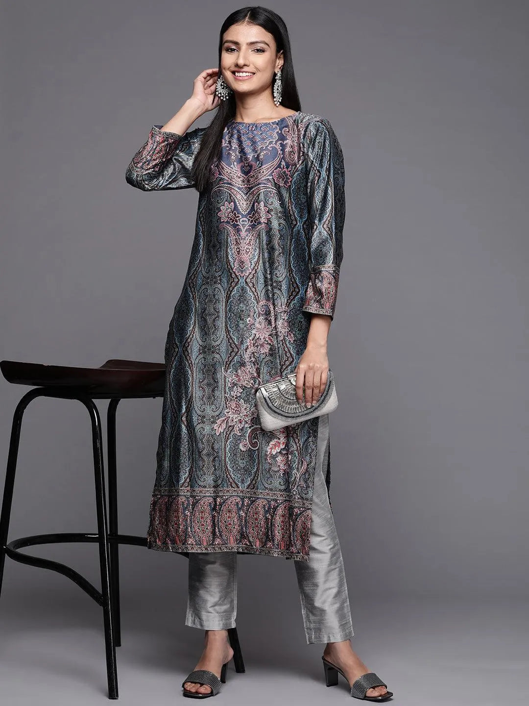 Multicoloured Printed Velvet Straight Kurta - Libas