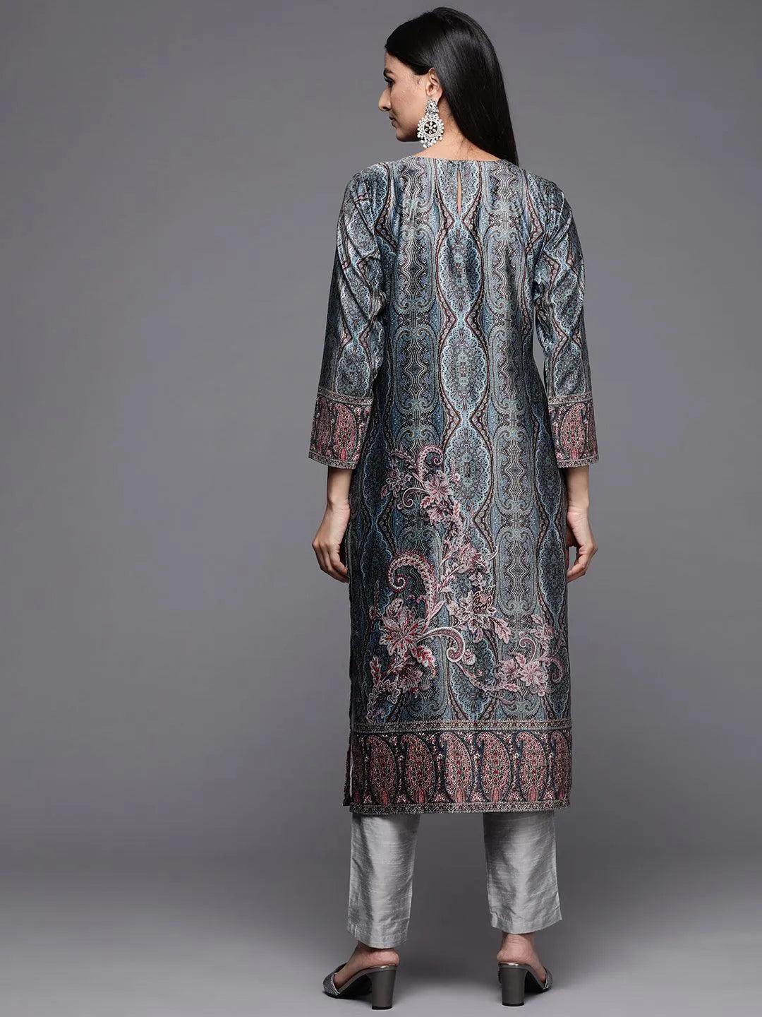 Multicoloured Printed Velvet Straight Kurta - Libas