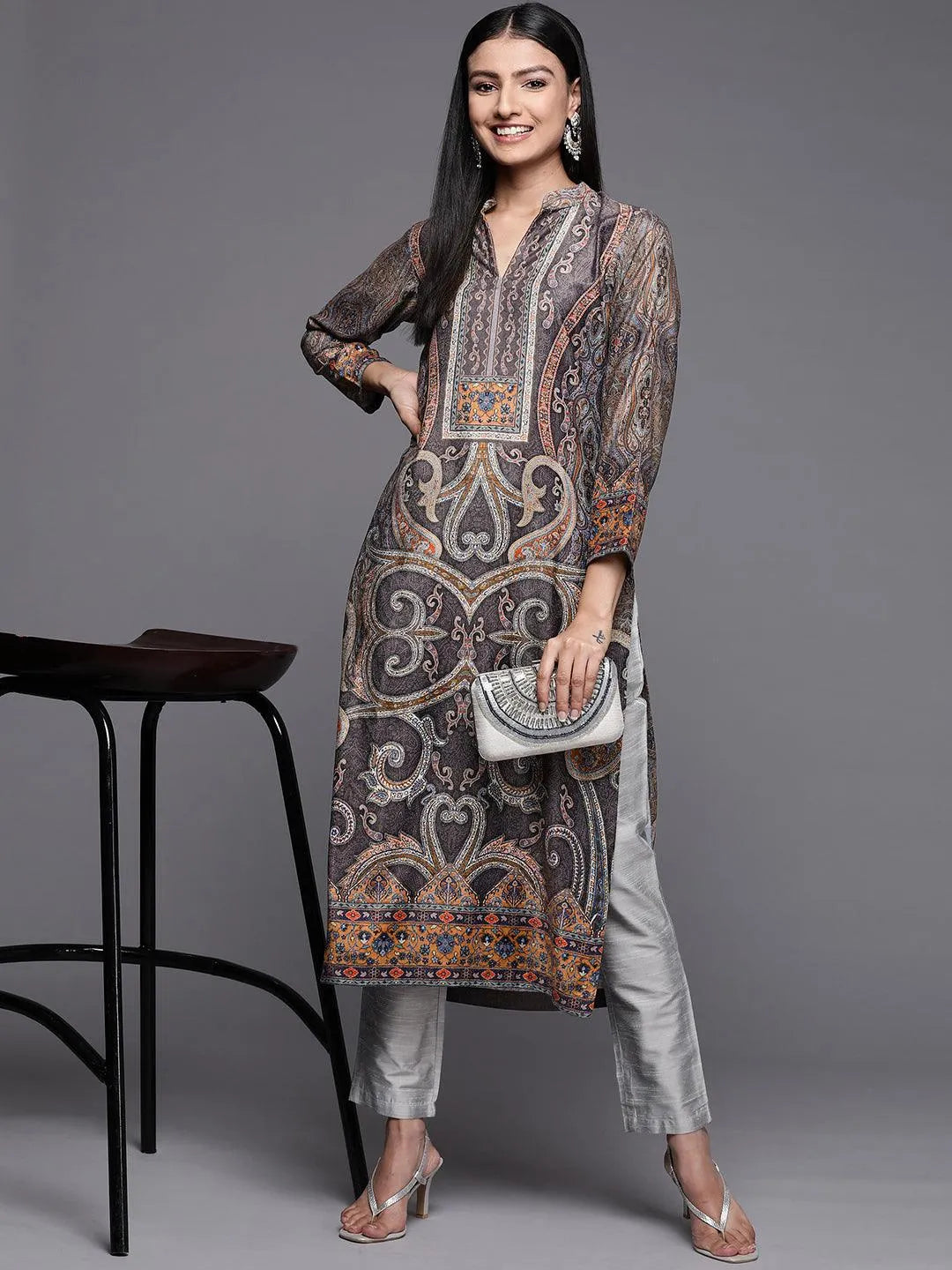 Multicoloured Printed Velvet Straight Kurta - Libas 