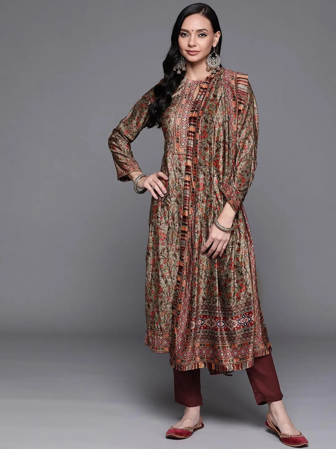 Multicoloured Printed Velvet Suit Set - Libas 