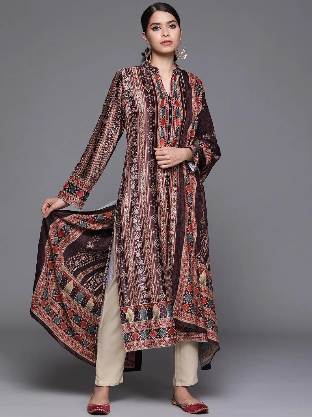 Multicoloured Printed Velvet Suit Set - Libas 