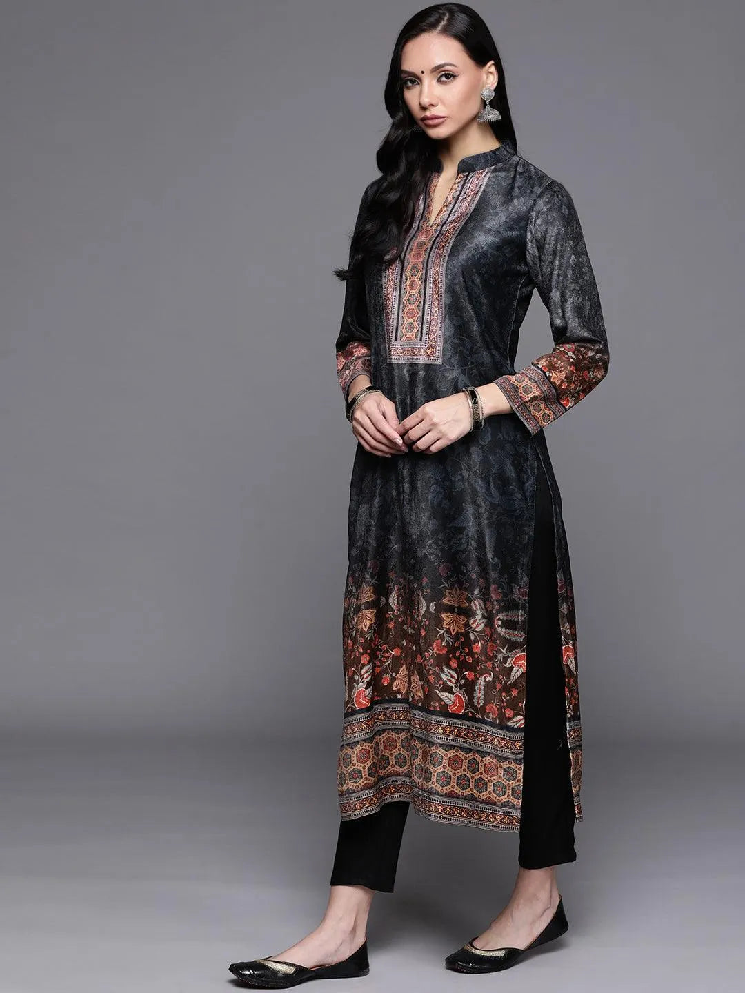 Multicoloured Printed Velvet Suit Set - Libas 