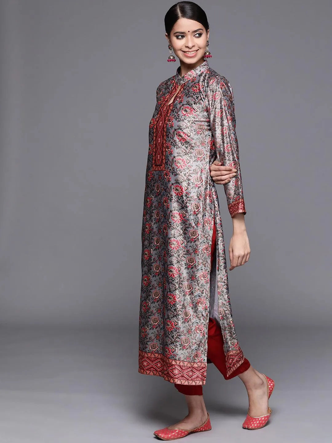 Multicoloured Printed Velvet Suit Set - Libas 