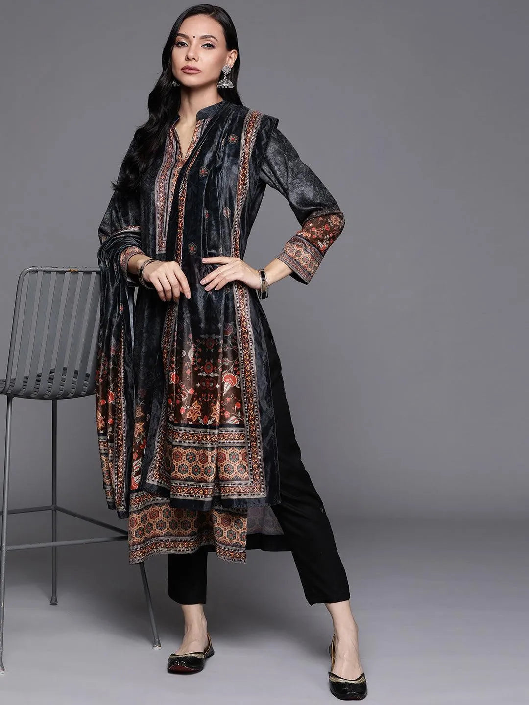 Multicoloured Printed Velvet Suit Set - Libas 