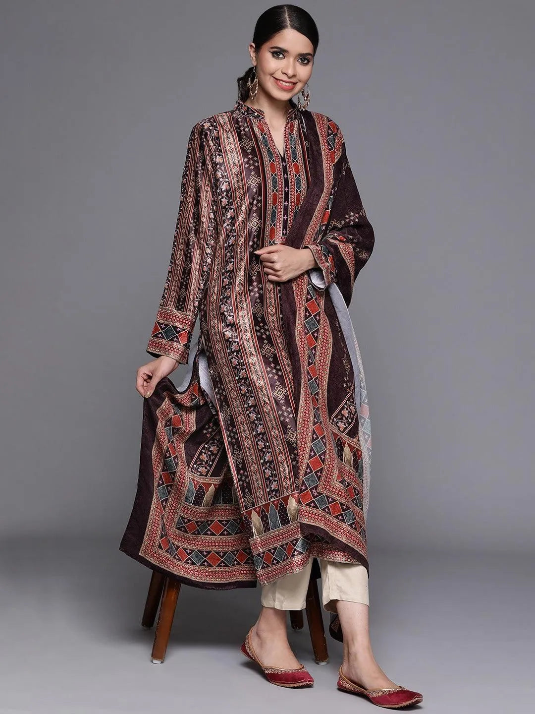 Multicoloured Printed Velvet Suit Set - Libas 