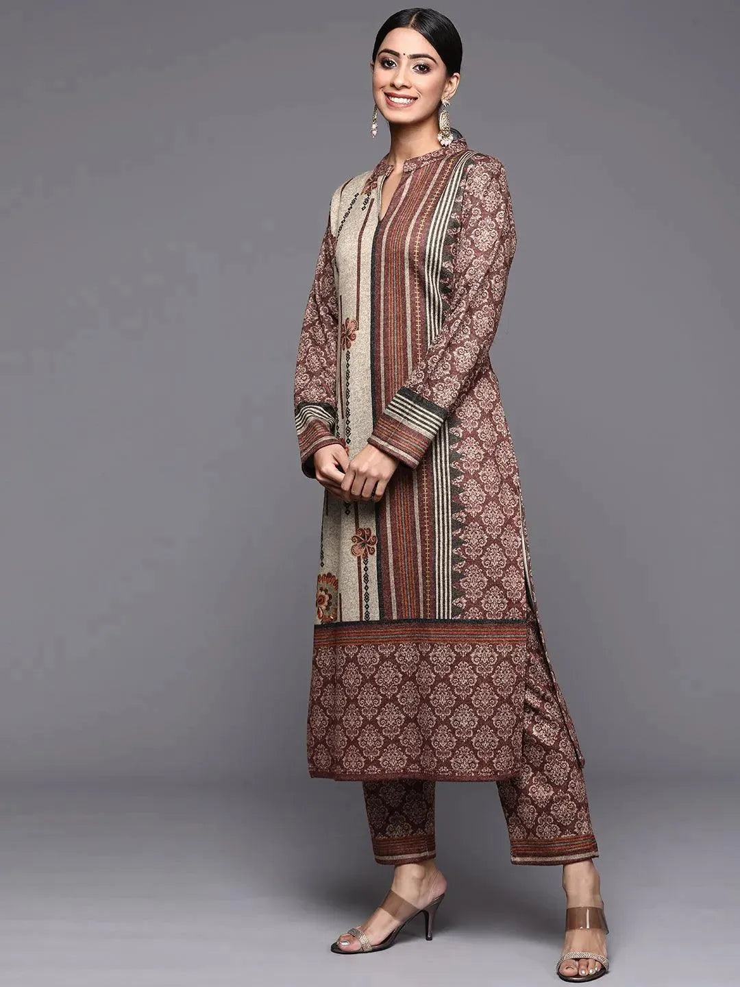 Multicoloured Printed Wool Straight Suit Set - Libas