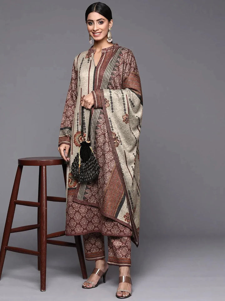 Multicoloured Printed Wool Straight Suit Set - Libas