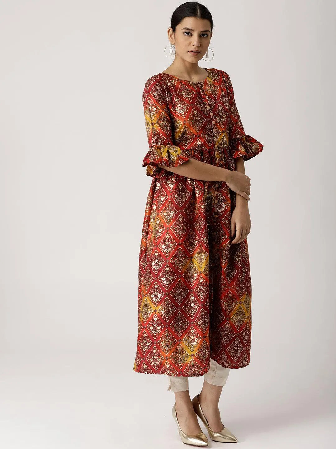 Multicoloured Self Design Chanderi Kurta - Libas 