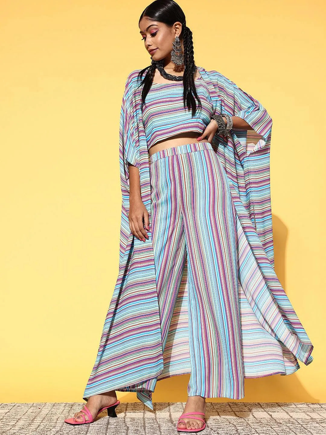 Multicoloured Striped Georgette Co-Ords - Libas 