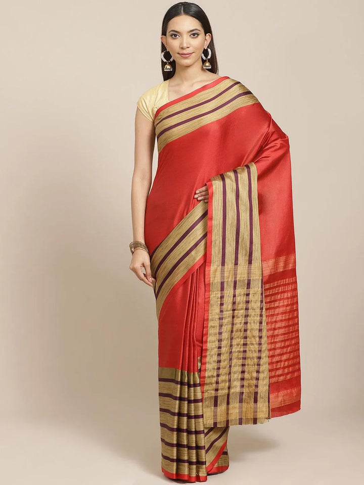 Multicoloured Striped Polyester Silk Saree - Libas