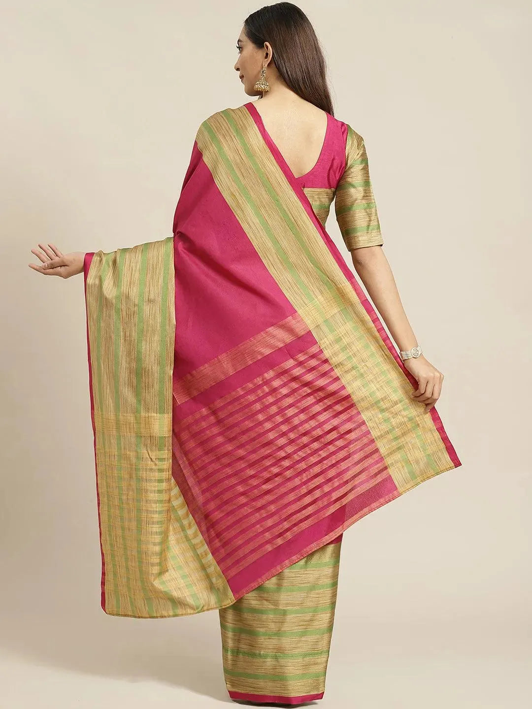 Multicoloured Striped Polyester Silk Saree - Libas