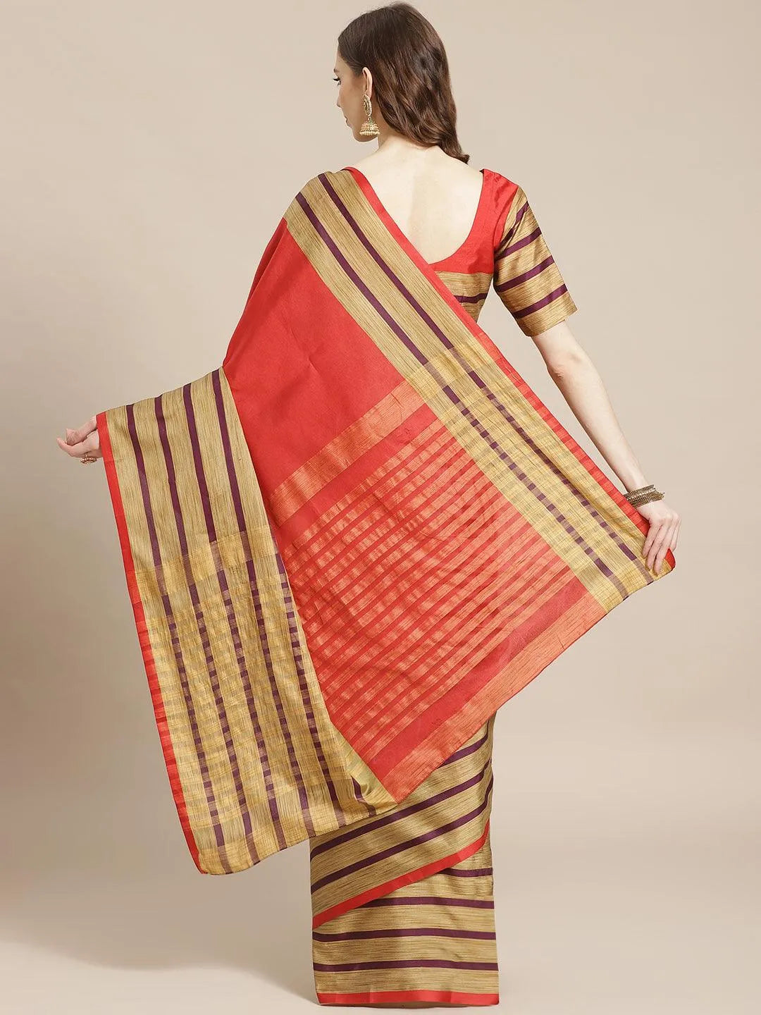 Multicoloured Striped Polyester Silk Saree - Libas