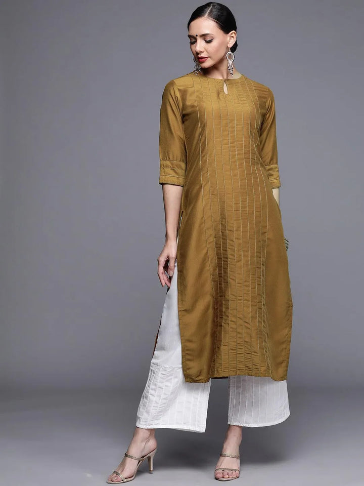 Mustard Brown Solid Chanderi Silk Straight Kurta - Libas