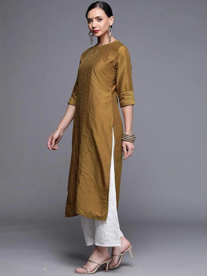 Mustard Brown Solid Chanderi Silk Straight Kurta - Libas