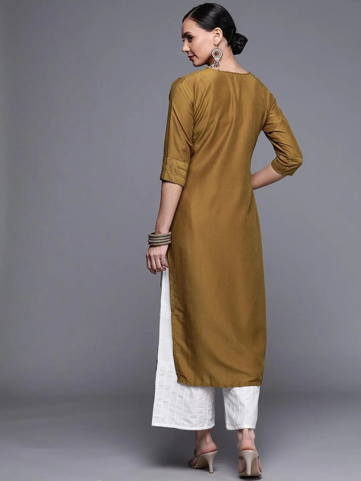 Mustard Brown Solid Chanderi Silk Straight Kurta - Libas