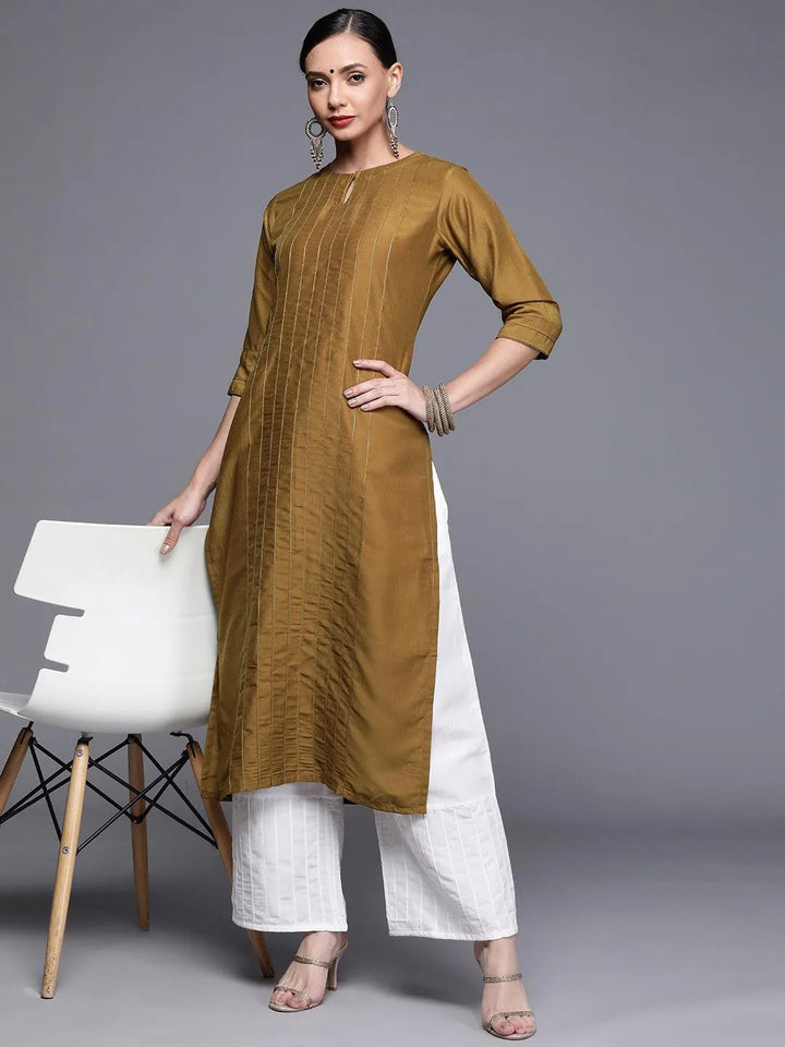 Mustard Brown Solid Chanderi Silk Straight Kurta - Libas