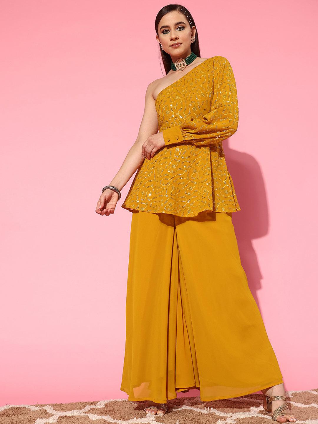 Mustard Embellished Georgette Tunic With Palazzos - Libas 